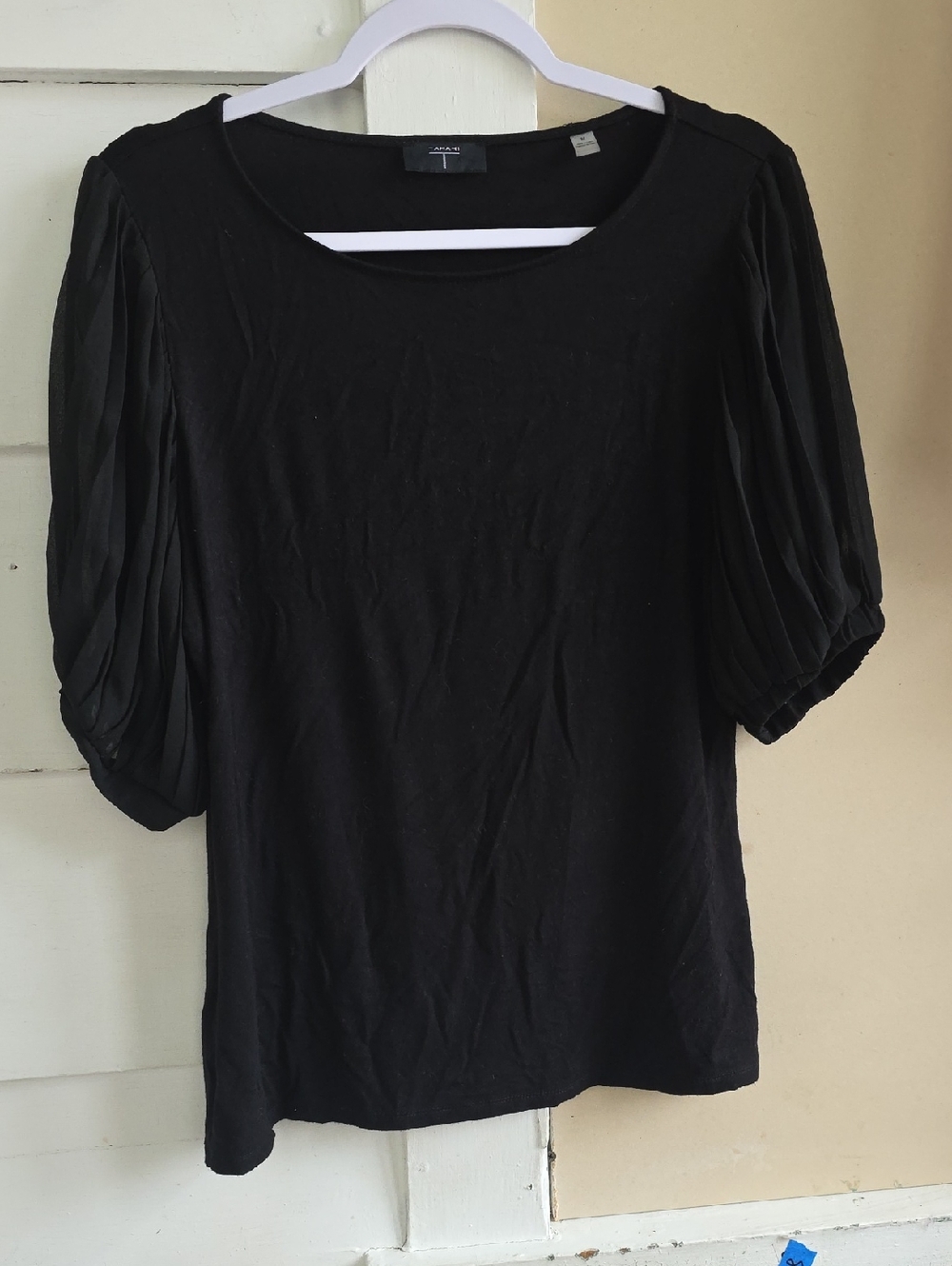 Tahari Black Pleated Puff Sleeve Top